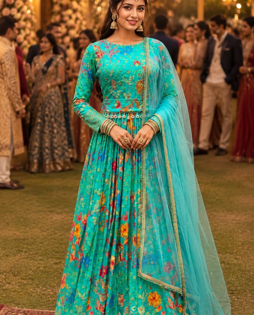 TURQUISE - Colour Turquoise Fabric Viscose Occasion Ceremonial, Engagement, Wedding Style Gown Work Embroidered, Print